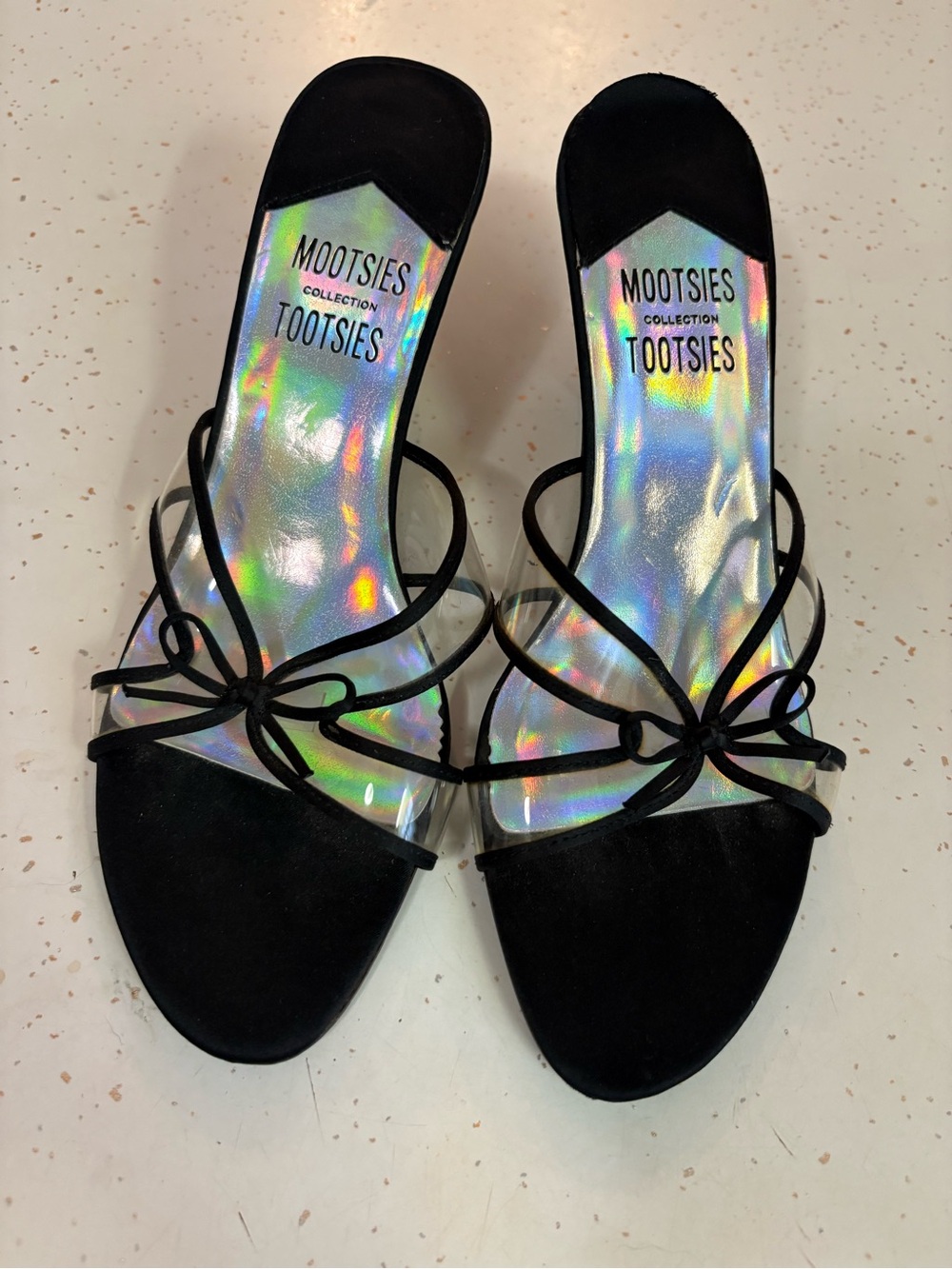 Mootsies Tootsies Black kitten heel mules with Holographic Footbed